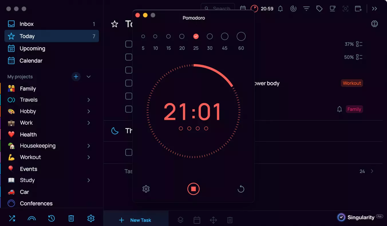 Pomodoro timer in SingularityApp