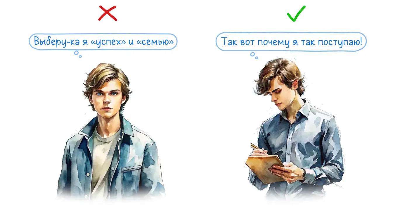 Два человека: ✕ Рациональный выбор Мысль: Выберу-ка я «успех» и «семью» ✓ Самоанализ Мысль «Так вот почему я так поступаю!»