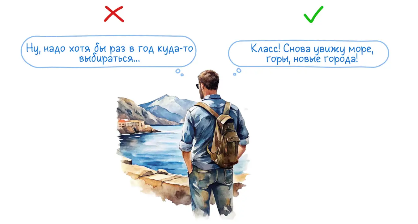 Картинка или иконка на тему путешествий с подписью «Путешествия». От нее два высказывания — правильное и неправильное. Путешествия: ✓ Класс! Снова увижу море, горы, новые города! ✕ Ну, надо хотя бы раз в год куда-то выбираться...