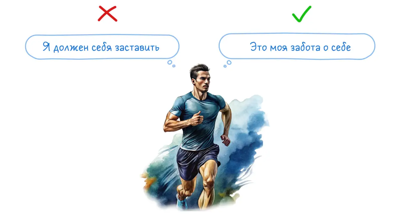 Два человека на пробежке с разными мыслями: ✕ Я должен себя заставить ✓ Это моя забота о себе