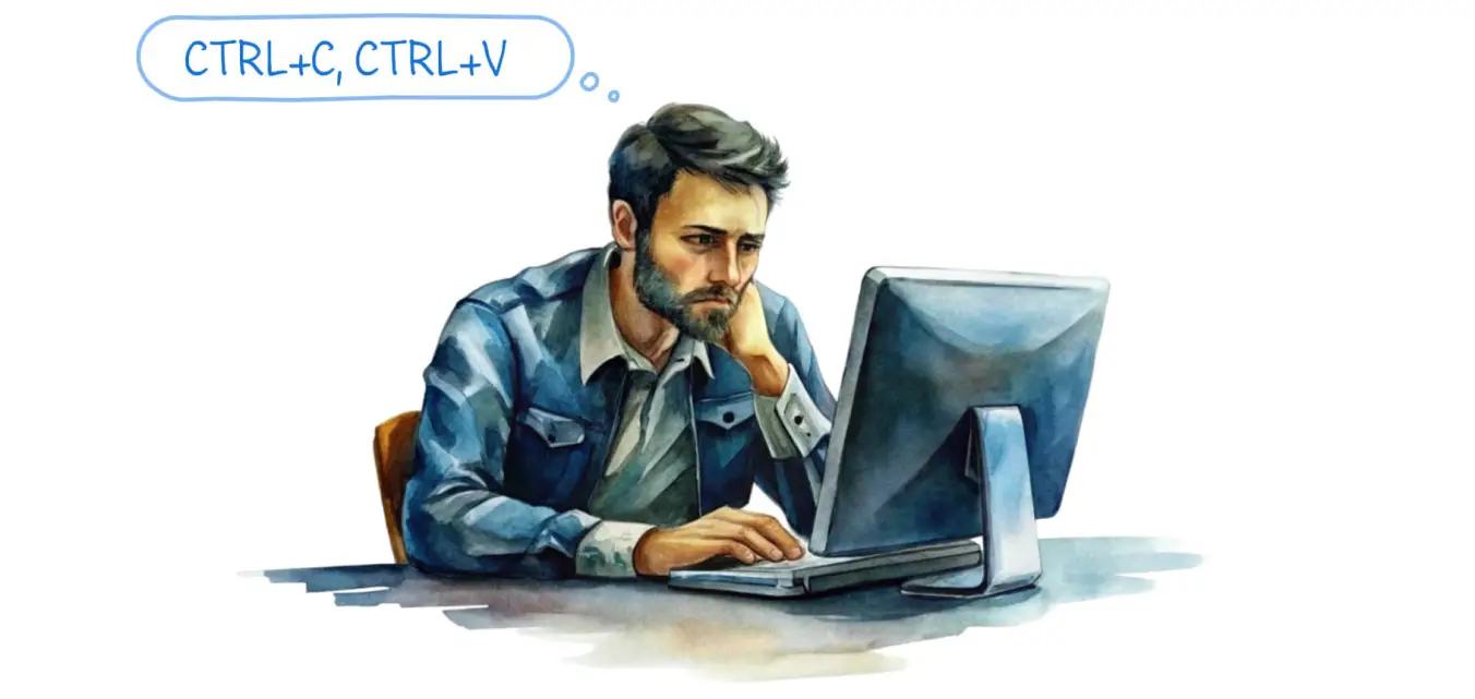 Иллюстрация: мрачный человек за компьютером, мысли: «CTRL+C, CTRL+V»
