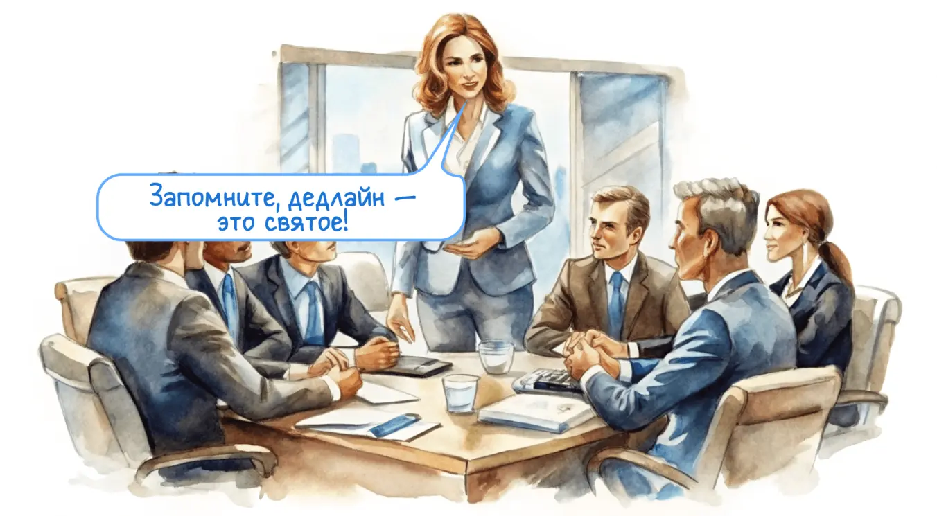 Иллюстрация: Сцена в офисе. Начальник: «Запомните, дедлайн — это святое!»