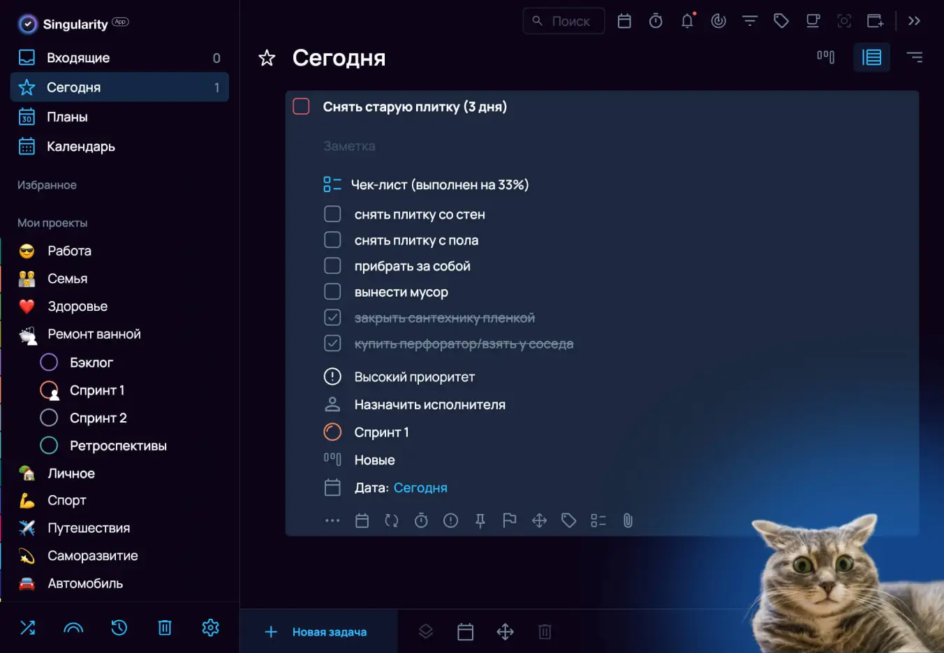 Работа над задачей в SingularityApp: чек-лист и таймер Помодоро