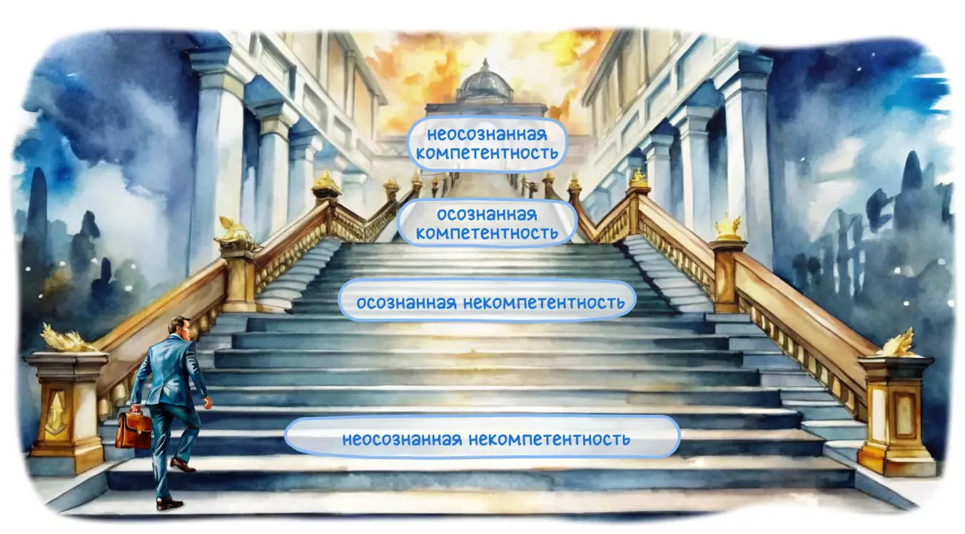 Эффект Даннинга-Крюгера тесно связан с лестницей уровней компетенции.