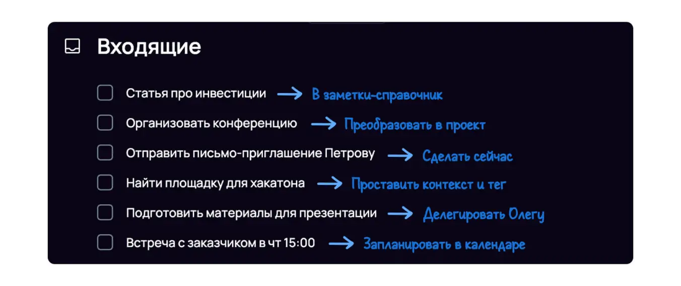 Практический разбор входящих в SingularityApp по алгоритму GTD.