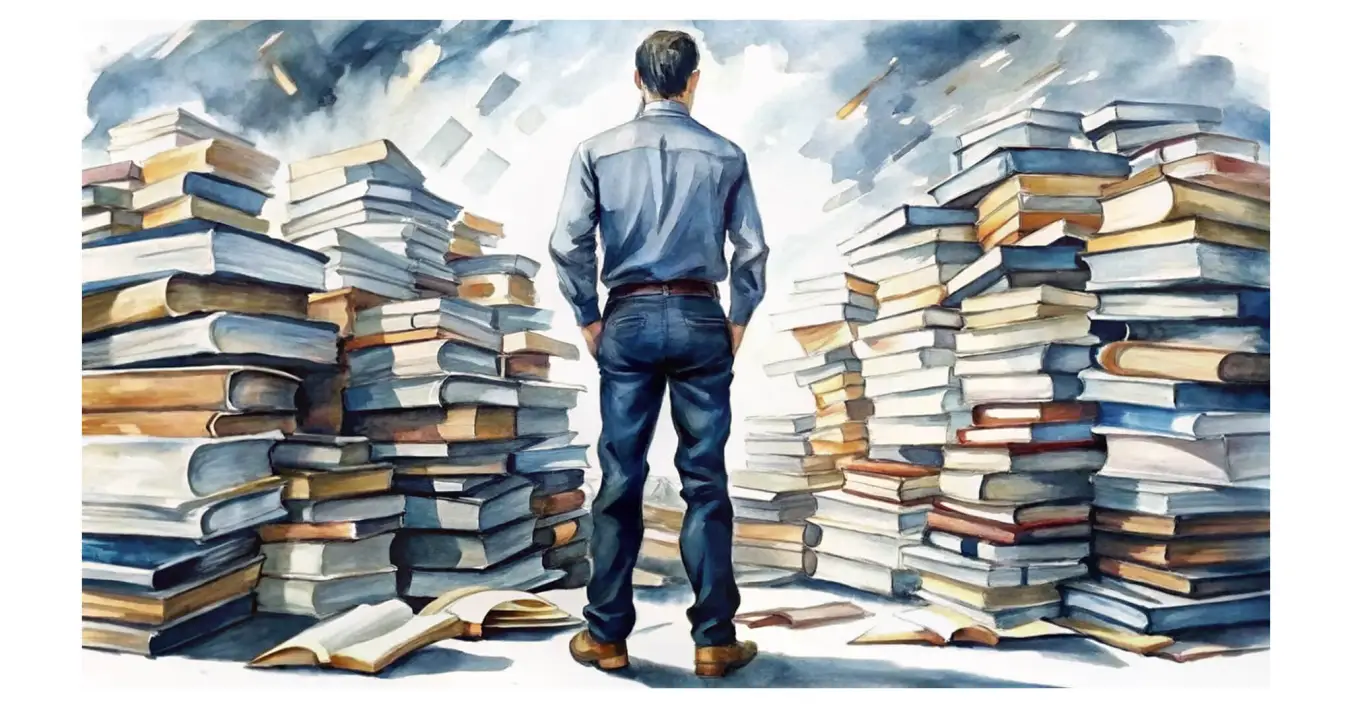 Человек перед огромной горой книг