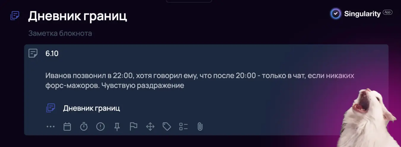 Дневник личных границ в SingularityApp с записью о нарушении временной границы