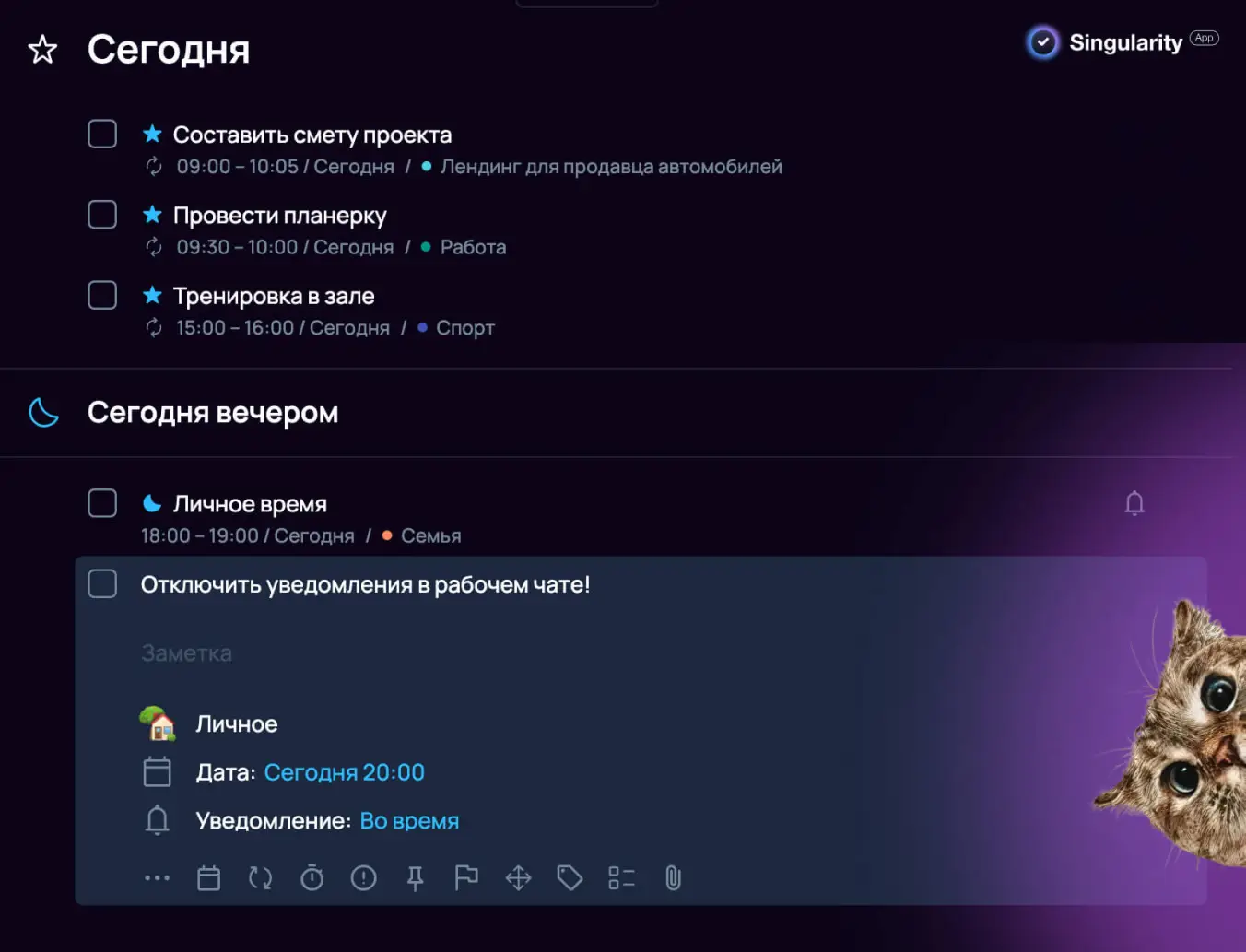 Задача с напоминанием в приложении-планировщике SingularityApp