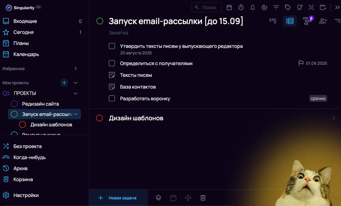 Проект по методу PARA в SingularityApp.
