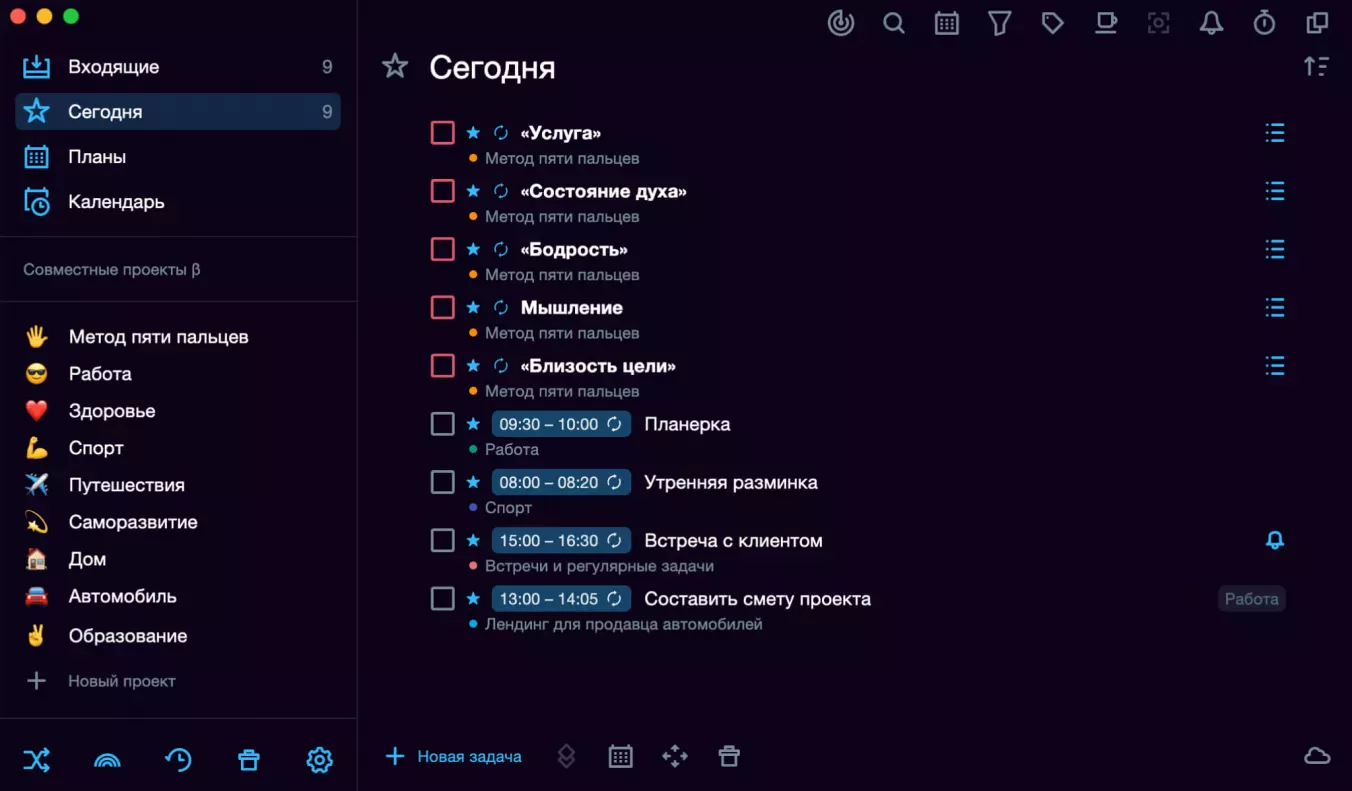 Проект метода пяти пальцев в SingularityApp можно настроить один раз и пользоваться им постоянно