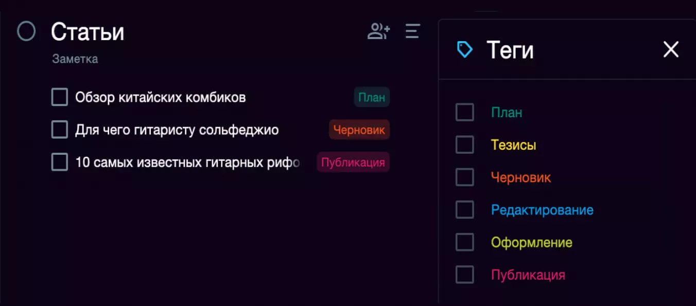 Система тегов для работы над статьями