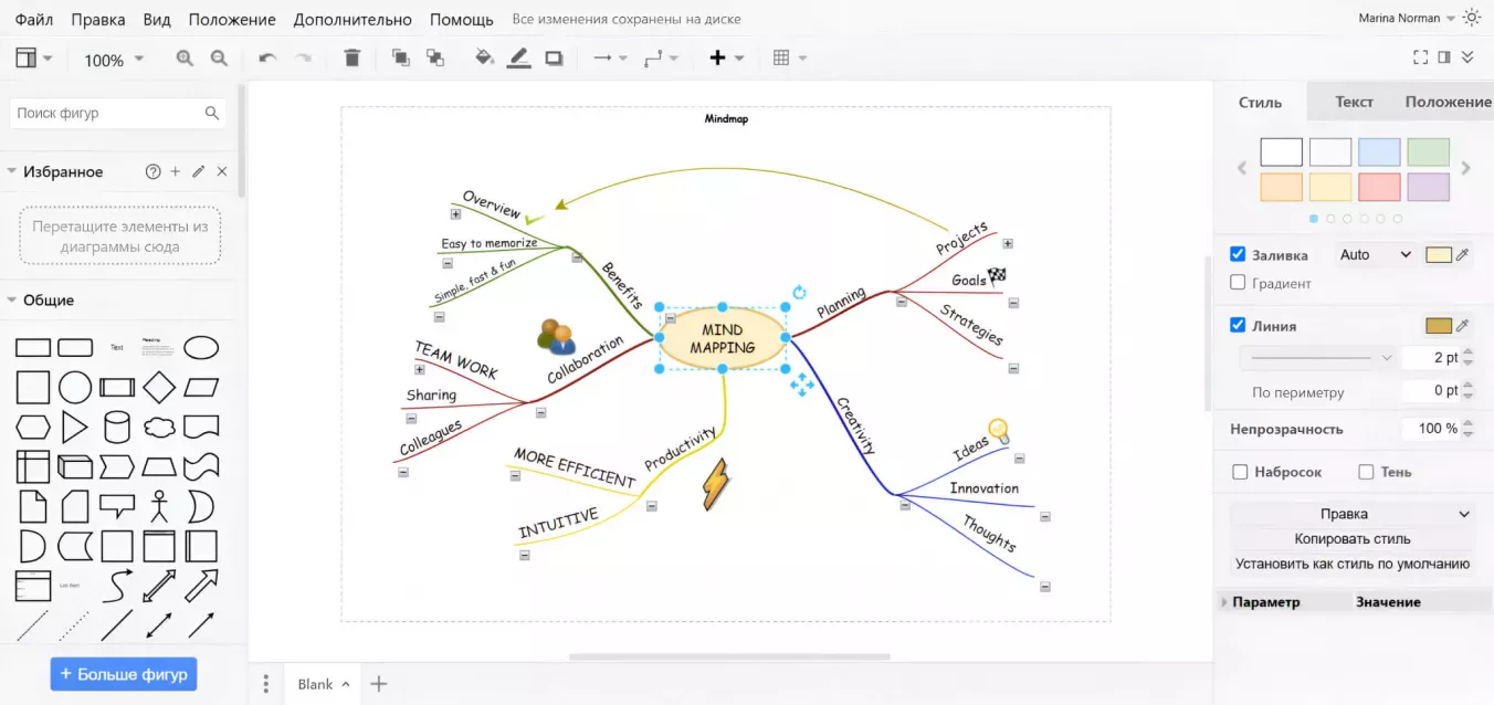 Интерфейс майнд-карты в Draw.io