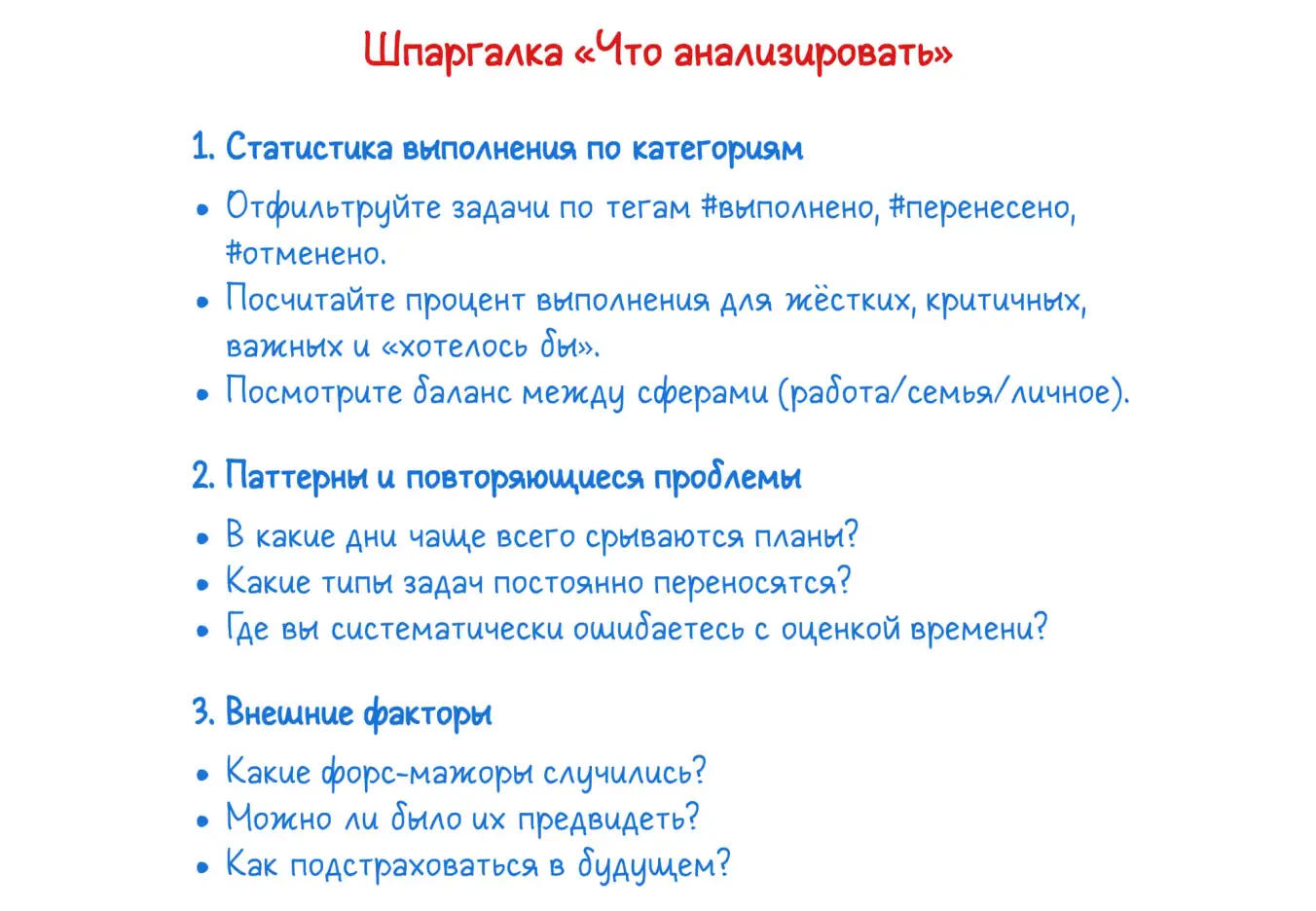 Шпаргалка для анализа недели при планировании.