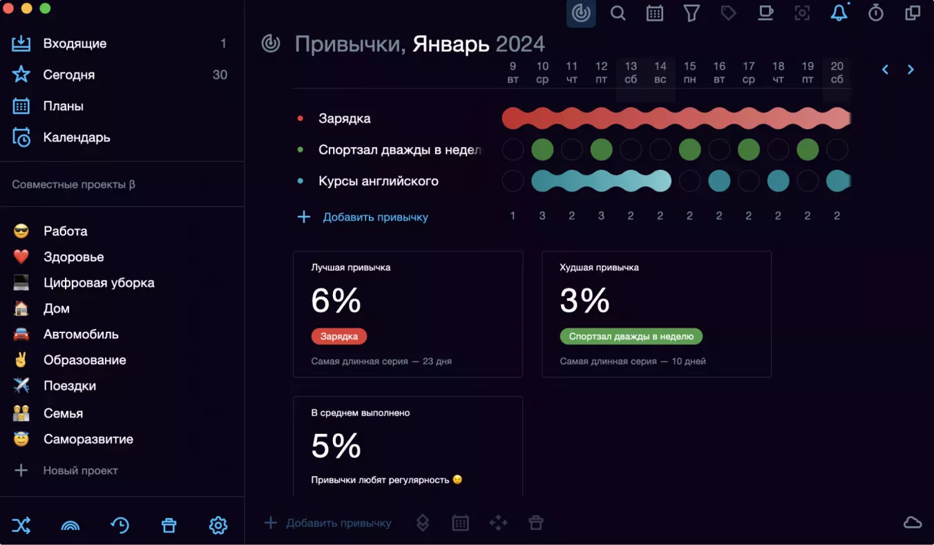 Трекер привычек в приложении Singularity App