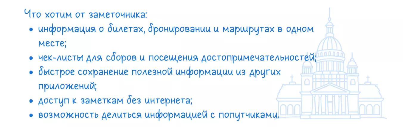 Список требований к приложению для ведения заметок о поездке.