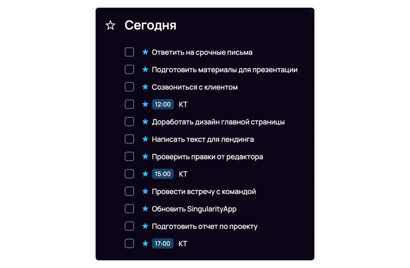 Пример списка дел с контрольными точками