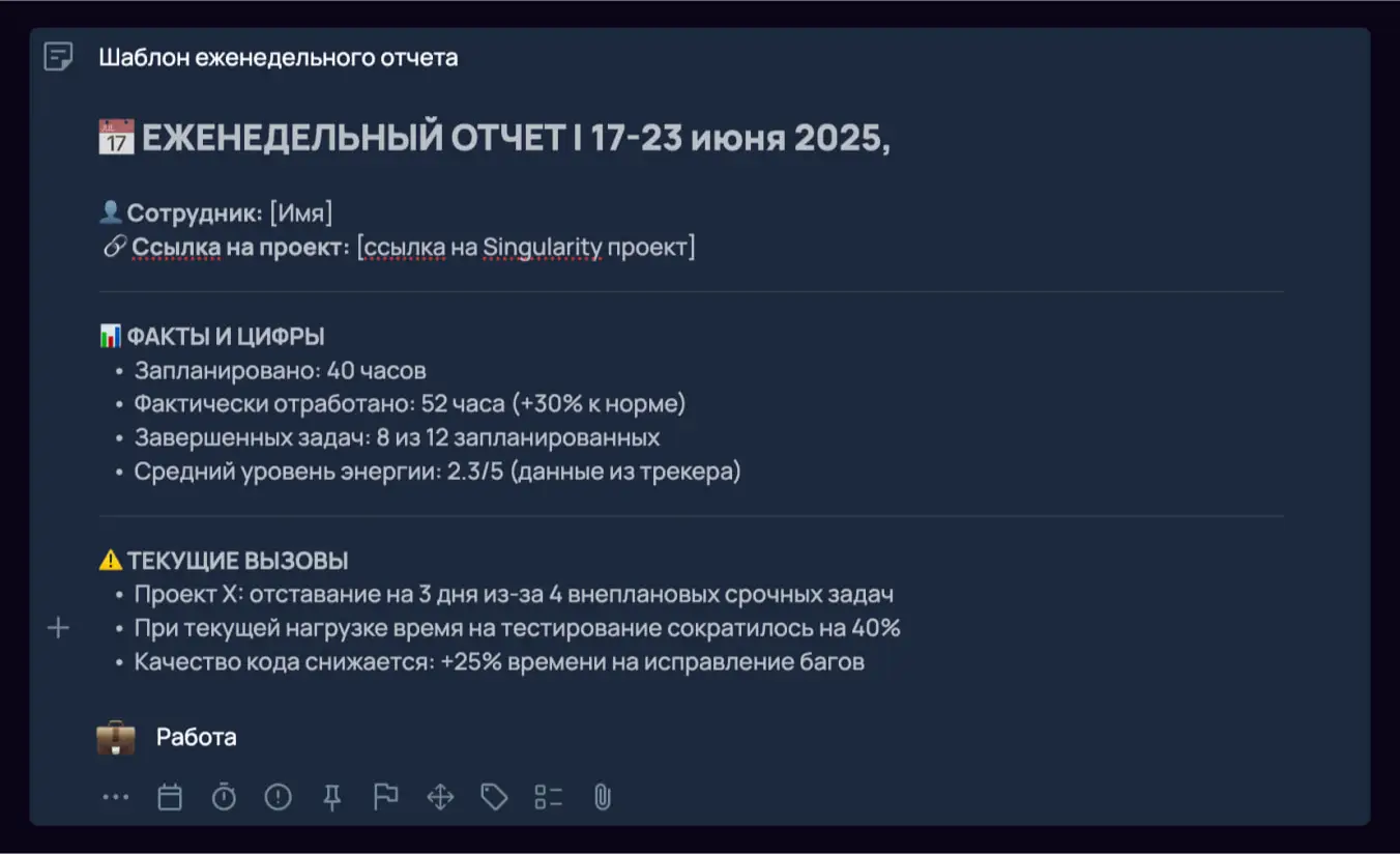 Заметка с шаблоном еженедельного отчета о работе в SingularityApp.