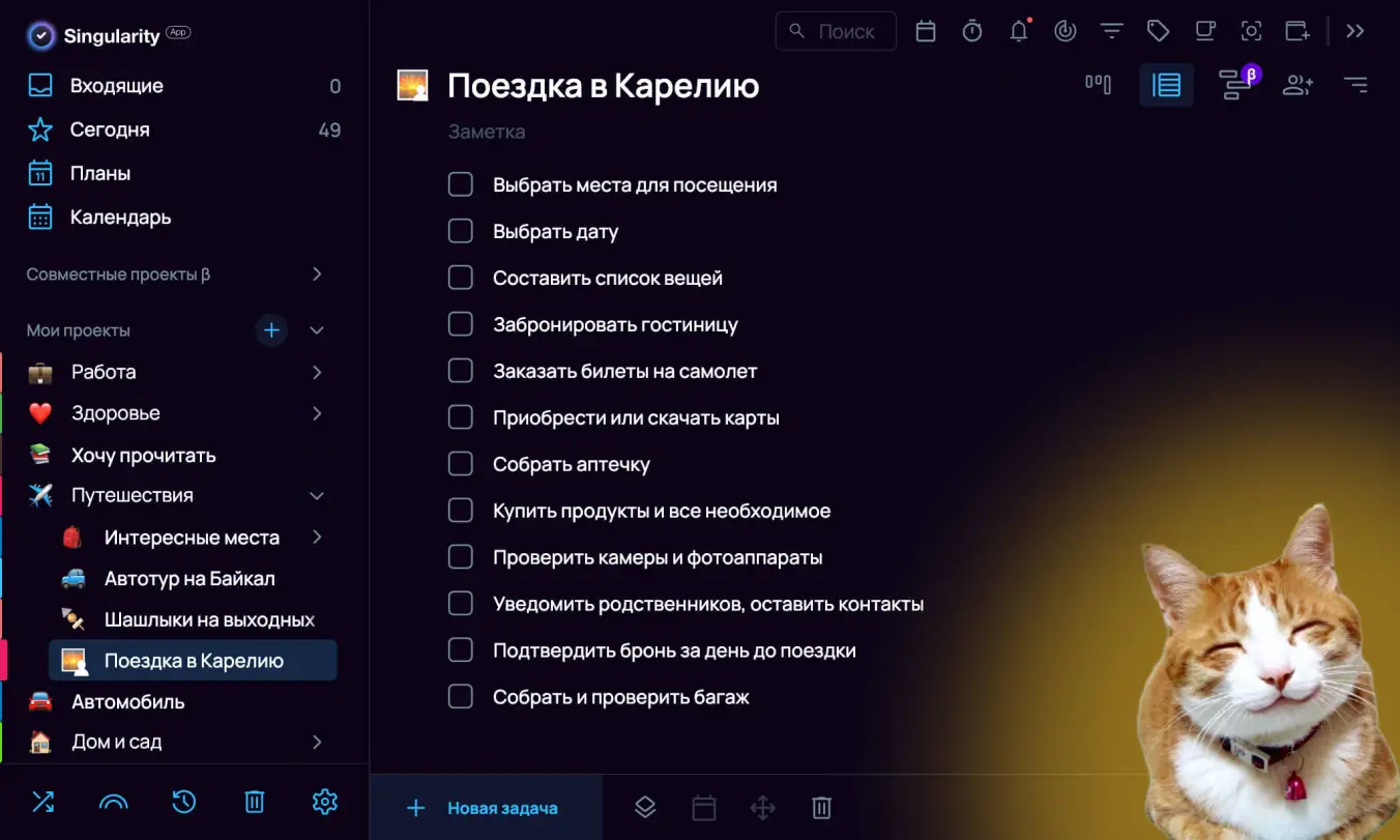 Семейный органайзер: пример списка для отпуска в SingularityApp