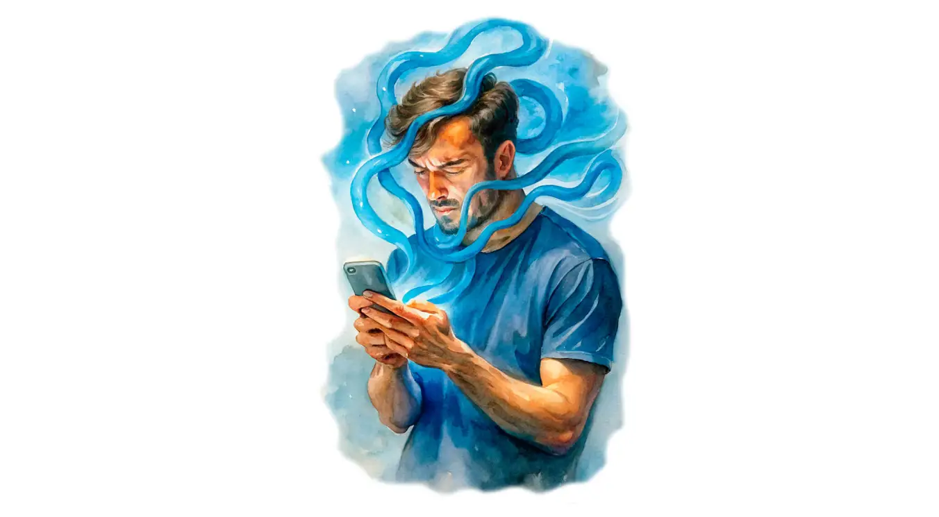 Человека затягивают цифровые щупальца из экрана смартфона