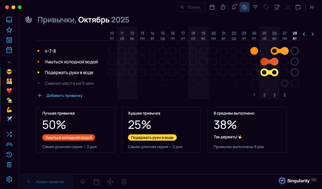 Трекер привычек в SingularityApp для борьбы с заеданием стресса
