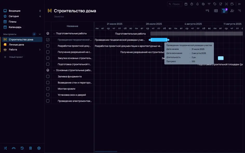 Крупный план задачи на графике с указанием на ползунок прогресса, края для изменения длительности и всплывающую подсказку (тултип).