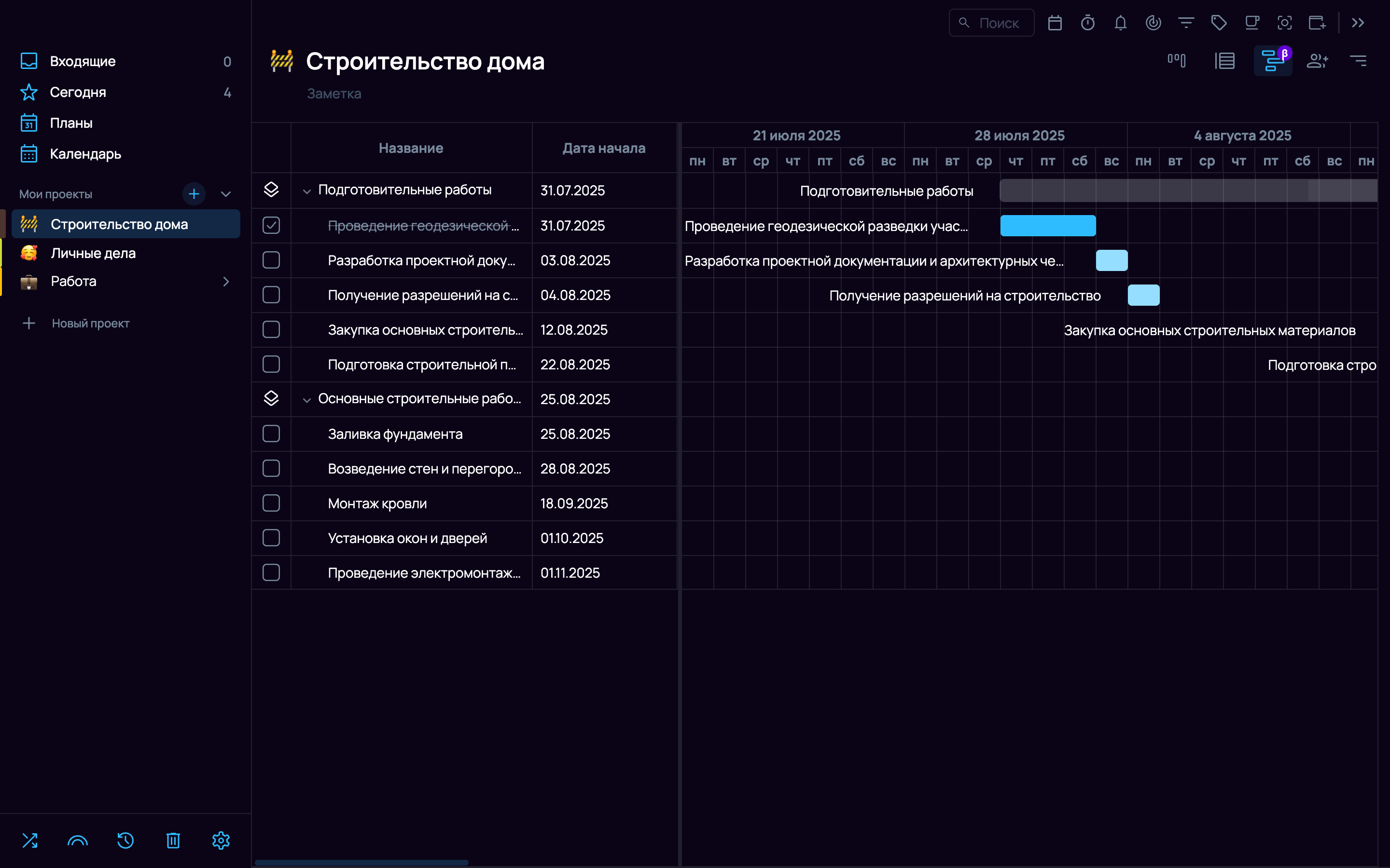Общий вид интерфейса Диаграммы Ганта с выделенной иконкой переключения вида и указанием на табличную часть и график.